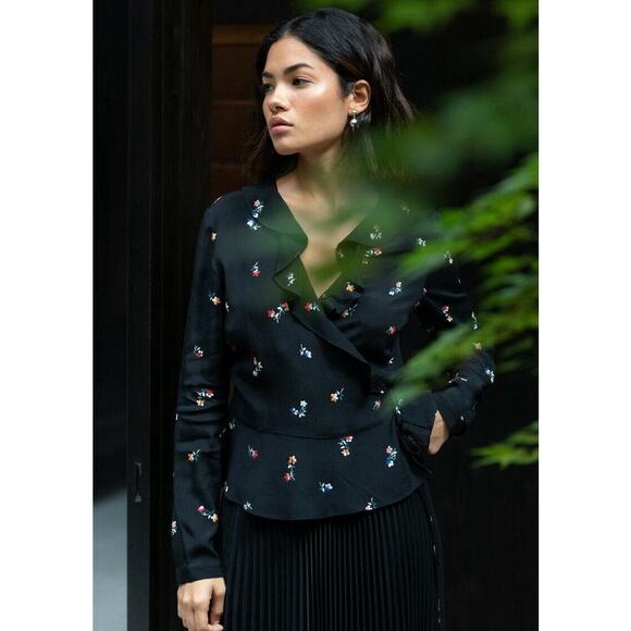RAILS Simone Wrap Blouse Black Kyoto Floral Size Small Long Sleeves Ruffle Top - Picture 1 of 16
